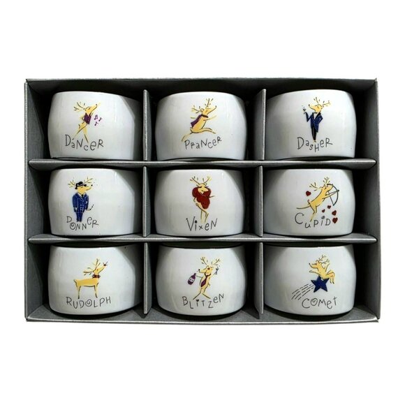 9 VTG Pottery Barn Reindeer Napkin Rings Christmas Holiday Rudolph Dancer Cupid - Picture 8 of 12